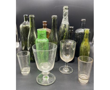 Collection of Georgian Glasses with vintage Gordons Gin and whiskey bottles [Heatherdale Scotch Whisky Ellery and Co Plymouth