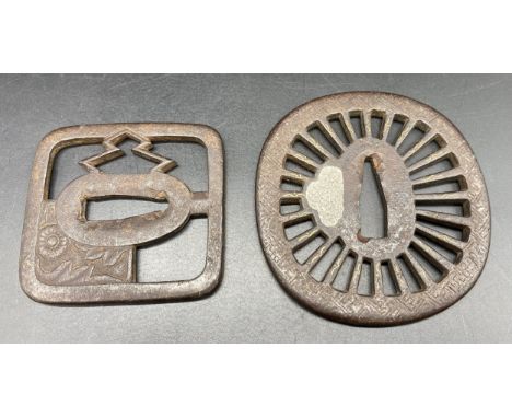 Tsuba possibly Edo Era Period Iron Chrysanthemum Pattern Japan and another iron Tsuba of rounded square form  [62x78cm] 