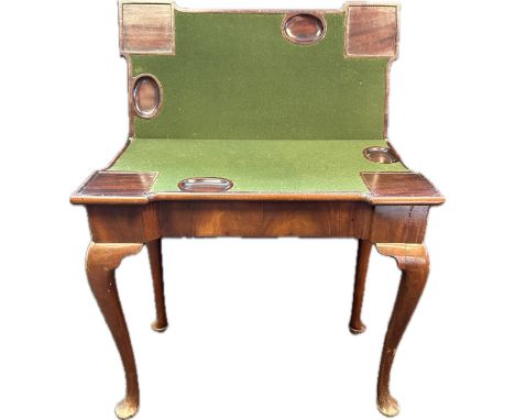 Georgian mahogany card table, the top opening to a green surface playing area, raised on cabriole legs 