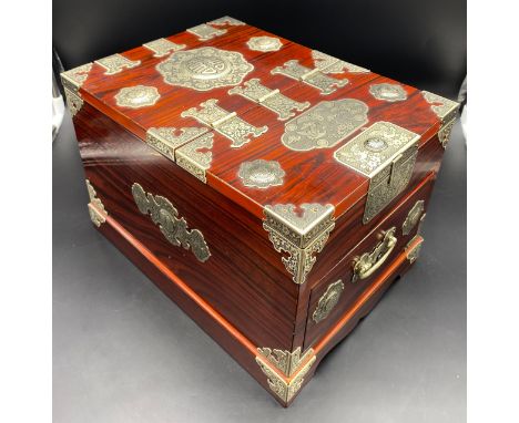 Modern Chinese hardwood and white metal bound dressing box, double hinged lid with adjustable mirror, velvet lined interior, 