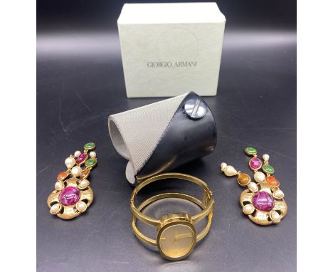 Giorgio Armani - boxed leather and mesh cuff bangle; Oscar de la Renta - pair of bold faux gem and pearl set pendant ear clip