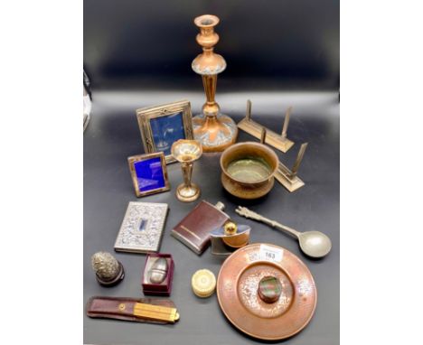 Collection of silver frames,  Arts and Crafts Candle stick, Brassware, 1920s Photo Frames and small silver vase. 