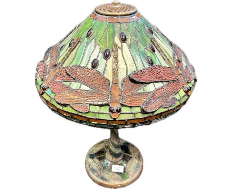 Tiffany Style Lamp with leaded jewelled glass dragonfly design and heavy tree design base. [55cm with shade] 