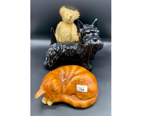 Large Scotty Dog [26cm x 25cm] with Goebel W Germany Sleeping Cat and a Vintage Teddy Bear. 