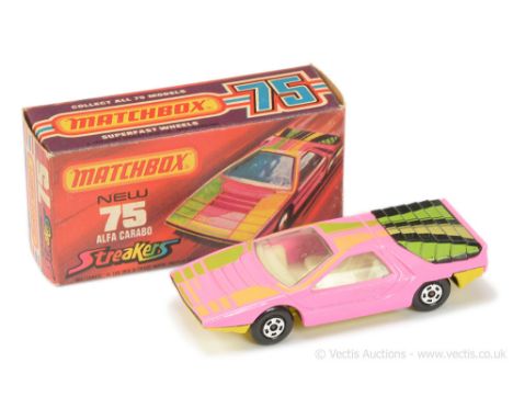 Matchbox Superfast 75b Alfa Carabo Streakers Issue - pink body with lime green &amp; yellow tampo print, clear windows, ivory