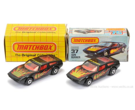 Matchbox Superfast 2 x 37d Sun Burner (Maserati Bora) - both are black body, red interior, clear windows, gloss black Lesney 