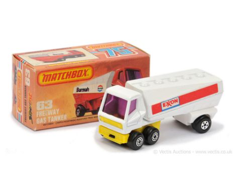 Matchbox Superfast 63b Freeway Gas Tanker "Exxon" - white tractor unit with purple windows, lemon yellow grille &amp; chassis