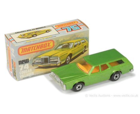 Matchbox Superfast 74c Cougar Villager Station Wagon - metallic green body, clear windows, RARE DARK YELLOW INTERIOR, bare me