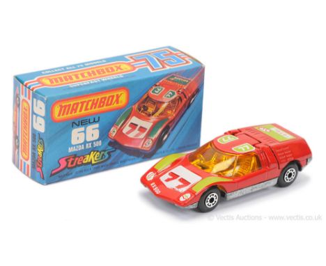 Matchbox Superfast 66b Mazda RX500 Streakers Issue - red body with lime green &amp; white tampo print, dark amber windows, ch