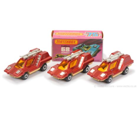 Matchbox Superfast 3 x 68b Cosmobile - all are metallic red body, dark amber windows, tan base (1) unusual chrome plate engin