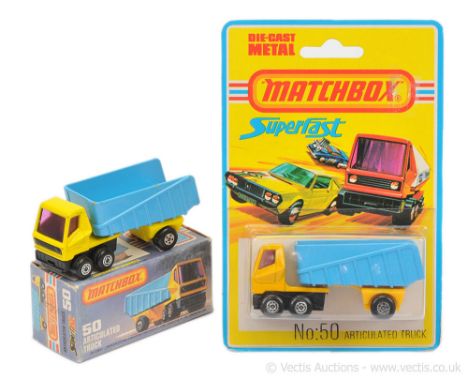 Matchbox Superfast 2 x 50b Articulated Truck - both are purple windows, Maltese Cross tractor unit wheels, mid blue trailer w