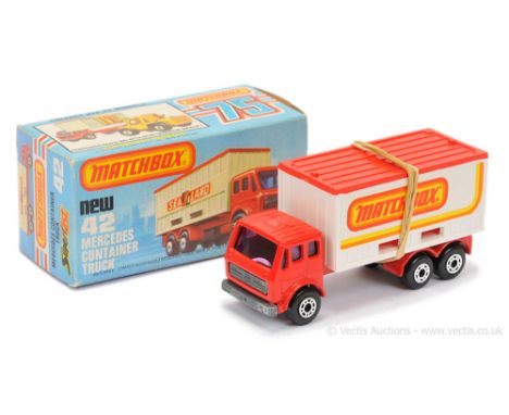 Matchbox Superfast 42c Mercedes Container Truck - red cab &amp; chassis with "Matchbox" labels, RARE PURPLE WINDOWS, bare met