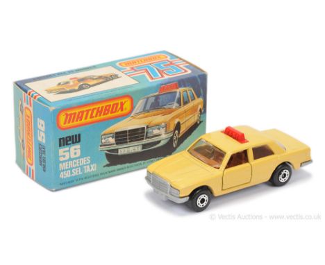 Matchbox Superfast 56c Mercedes 450 SEL Taxi - tan body, clear windows, RARE BROWN INTERIOR (not dark tan), silver painted ba