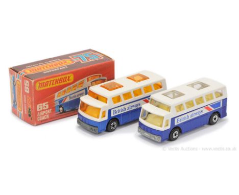 Matchbox Superfast 2 x 65b Airport Coach "British Airways" - both are metallic dark blue body, labels facing rear, pale yello