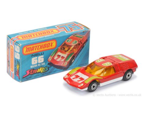 Matchbox Superfast 66b Mazda RX500 Streakers Issue - red body with lime green &amp; white racing number 77 tampo print, dark 