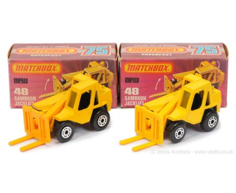 Matchbox Superfast 2 x 48c Sambron Jacklift - both are yellow body (shade difference between models), matt black base, 5-arch