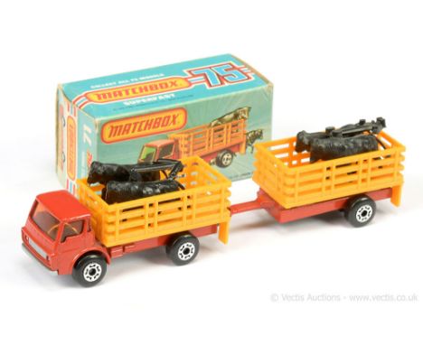 Matchbox Superfast 71c Dodge Cattle Truck Twin Pack issue - red cab &amp; chassis with black plastic tow bar, RARE DARK AMBER