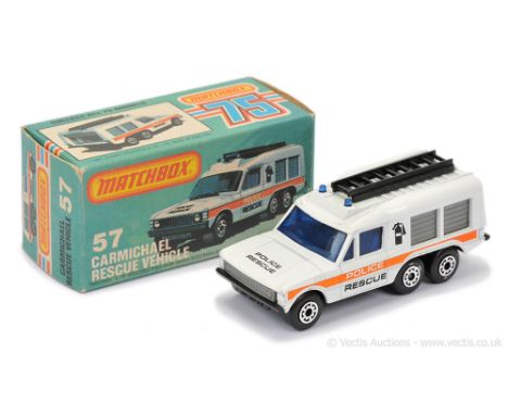 Matchbox Superfast 57e Range Rover Carmichael Commando Rescue Vehicle - white body with burnt orange &amp; black tampo print,