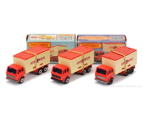 Matchbox Superfast 3 x 42c Mercedes Container Truck "Sea land" - all are red cab &amp; chassis, dark blue windows - (1) matt 