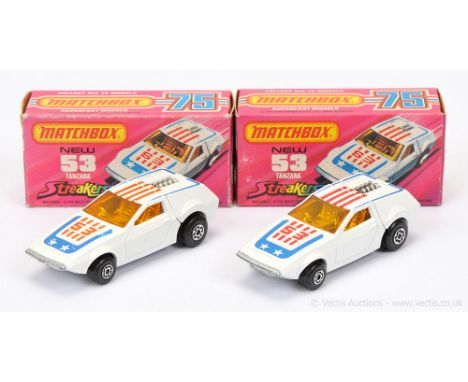 Matchbox Superfast 2 x 53b Tanzara Streakers issue - both are dark amber windows, chrome interior, bare metal base - (1) dark