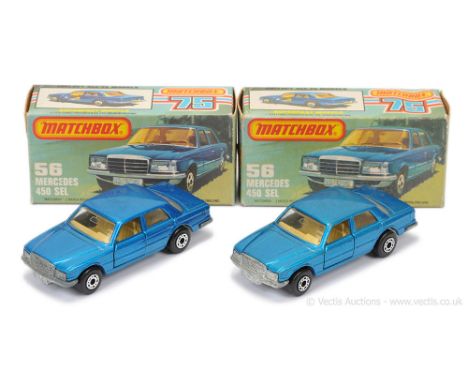 Matchbox Superfast 56c Mercedes 450 SEL - both are metallic blue body, clear windows, tan interior, bare metal base - (1) dar