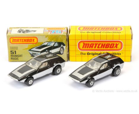 Matchbox Superfast 2 x 51d Midnight Magic (Tanzara) - both are black body with silver tampo print, clear windows, chrome inte