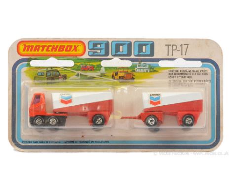 Matchbox Superfast Twin Pack TP-17 Freeway Gas Tanker &amp; Trailer "Chevron" - burnt orange Tractor Unit with purple windows