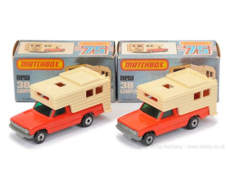 Matchbox Superfast 2 x 38d Ford Camper - both are burnt orange body, dark green windows, cream rear body without windows, bar