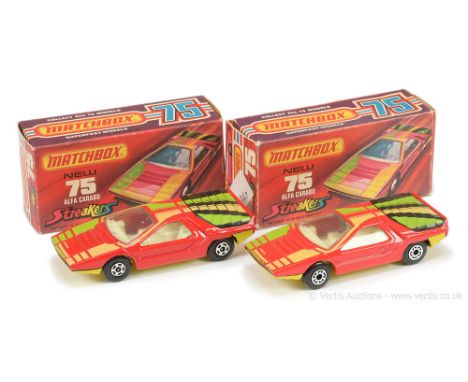 Matchbox Superfast 2 x 75b Alfa Carabo Streakers Issue - both are red body with lime green &amp; yellow tampo print, clear wi