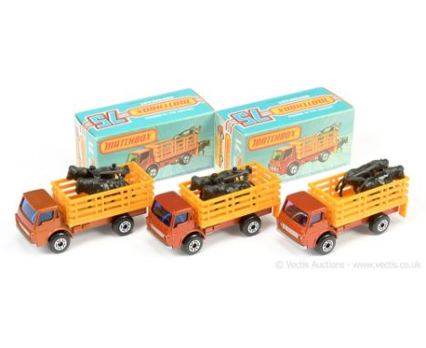 Matchbox Superfast 3 x 71c Dodge Cattle Truck - all are dark yellow plastic stake body complete with black cattle attached to