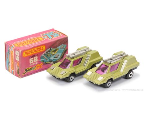Matchbox Superfast 2 x 68b Cosmobile - both are metallic avocado green body, purple windows, matt black base which was origin