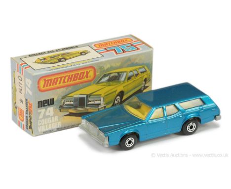 Matchbox Superfast 74c Cougar Villager Station Wagon - metallic blue body, clear windows, lemon yellow interior, bare metal b