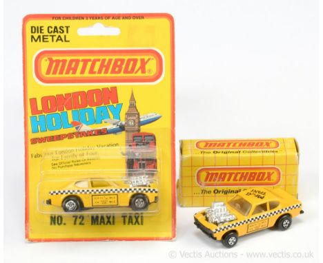 Matchbox Superfast 2 x 72d Ford Capri Maxi Taxi - both are clear windows, pale grey interior (1) lighter shade yellow body, m