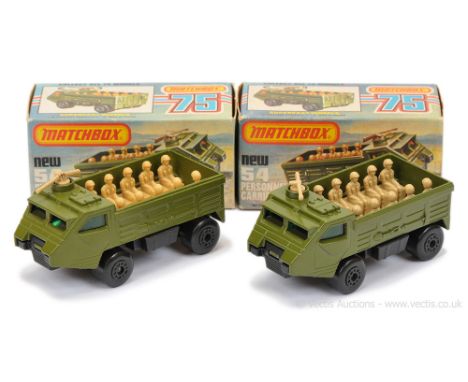 Matchbox Superfast 2 x 54c Military Personnel Carrier - both are dark green windows, dark tan machine gun, matt black base; (