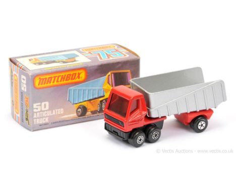 Matchbox Superfast 50b Articulated Truck - red tractor unit, RARE RED WINDOWS, Maltese Cross front wheels, trailer has metall