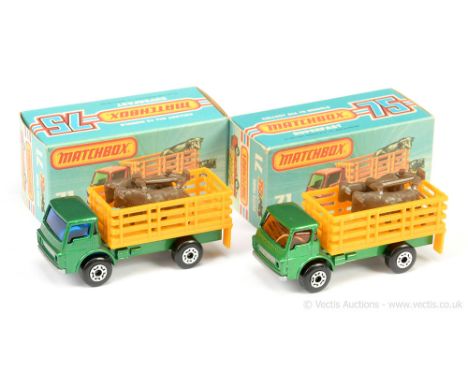 Matchbox Superfast 2 x 71c Dodge Cattle Truck - both are metallic emerald green cab &amp; chassis with rear tow hook cut-outs