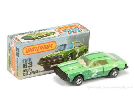 Matchbox Superfast 63d Dodge Challenger - light green body with dark green &amp; white stripe racing number 2 tampo print, cl