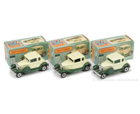 Matchbox Superfast 3 x 73c Ford Model A - all are cream body, black plastic base (1) dark green windows, dark green chassis w