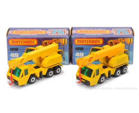 Matchbox Superfast 2 x 49c Crane Truck - both are green windows, 5-arch wheels, black plastic base; (1) lighter shade yellow 