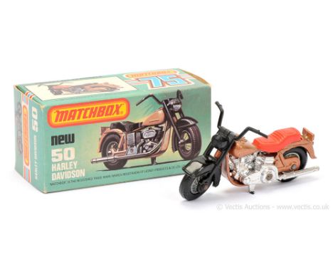 Matchbox Superfast 50c Harley Davidson Motorcycle - metallic copper frame, RARE COLOUR TRIAL BRIGHT RED PLASTIC SEAT - Good P