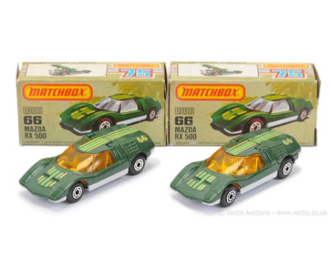 Matchbox Superfast 2 x 66b Mazda RX500 - both are dark green body with light green &amp; yellow racing number 66 tampo print,