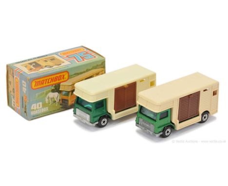 Matchbox Superfast 2 x 40b Horsebox - both are metallic emerald green cab (slight shade difference), dark green windows, bare