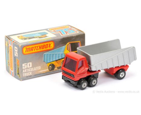 Matchbox Superfast 50b Articulated Truck - red tractor unit, purple windows, Maltese Cross front wheels, trailer has metallic