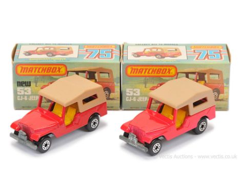 Matchbox Superfast 2 x 53c Jeep CJ6 - both are lighter tan plastic roof, dark yellow interior, bare metal base, 5-crown wheel