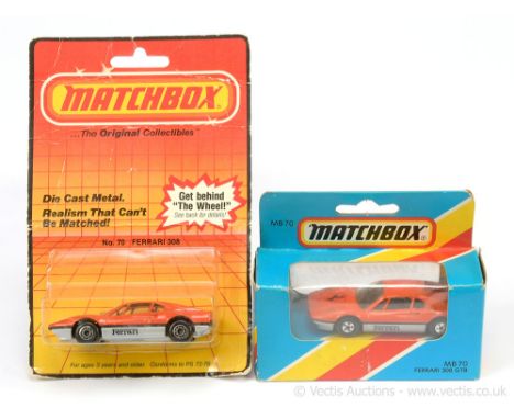 Matchbox Superfast 2 x 70d Ferrari 308 GTB - both are Made in Macau transitional issue - both are brick red body with black F