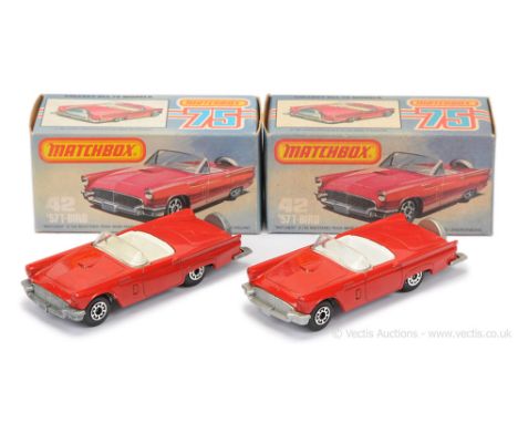 Matchbox Superfast 2 x 42d 1957 Ford Thunderbird - both are red body, clear windscreen, 5-arch wheels - (1) white interior, s