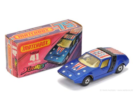 Matchbox Superfast 41b Siva Spider Streakers issue - metallic dark blue body with racing number 8 tampo print, clear windows,