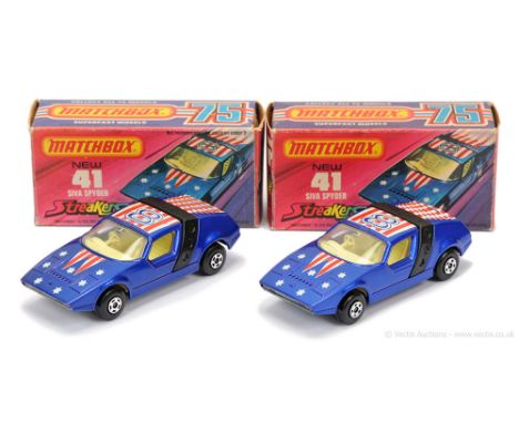 Matchbox Superfast 2 x 41b Siva Spider Streakers issue - metallic dark blue body (shade difference between models) with racin