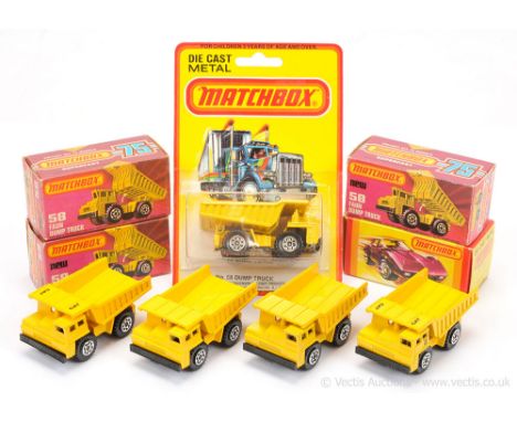 Matchbox Superfast 5 x 58c Faun Dump Truck - (1) all yellow, Type 1 black plastic base; (2) as (1) but slightly lighter shade