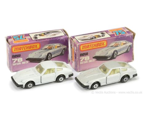 Matchbox Superfast 2 x 78a Datsun 280ZX - both are metallic pearl silver body, clear windows, ivory interior, matt black "Fai